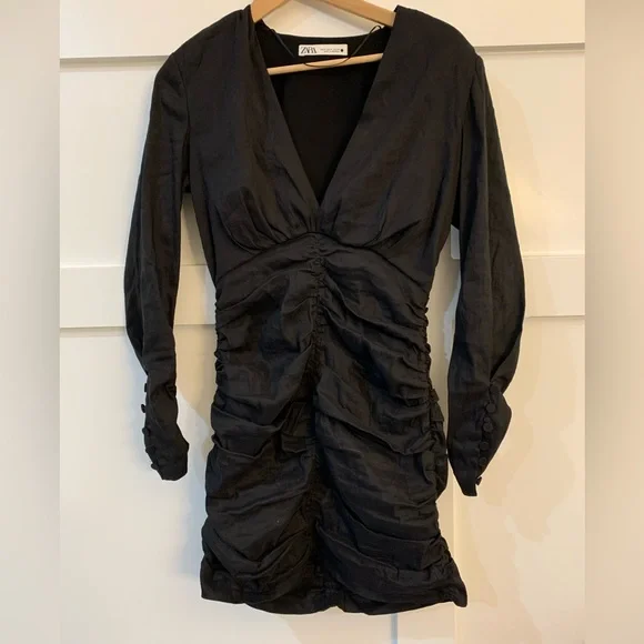 Zara | Dresses | Zara Linen Blend Ruched Dress Wdeep V Neckline Size M |  Poshmark